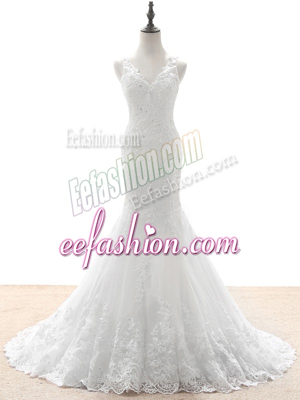  Tulle V-neck Sleeveless Brush Train Zipper Beading and Lace and Appliques Bridal Gown in White