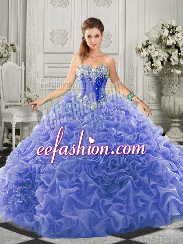  Lace Up Ball Gown Prom Dress Blue for Military Ball and Sweet 16 and Quinceanera with Beading and Ruffles Court Train