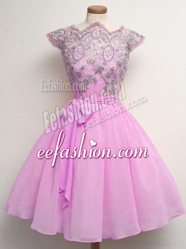 Nice Chiffon Scalloped Cap Sleeves Lace Up Lace and Belt Bridesmaid Dress in Lilac