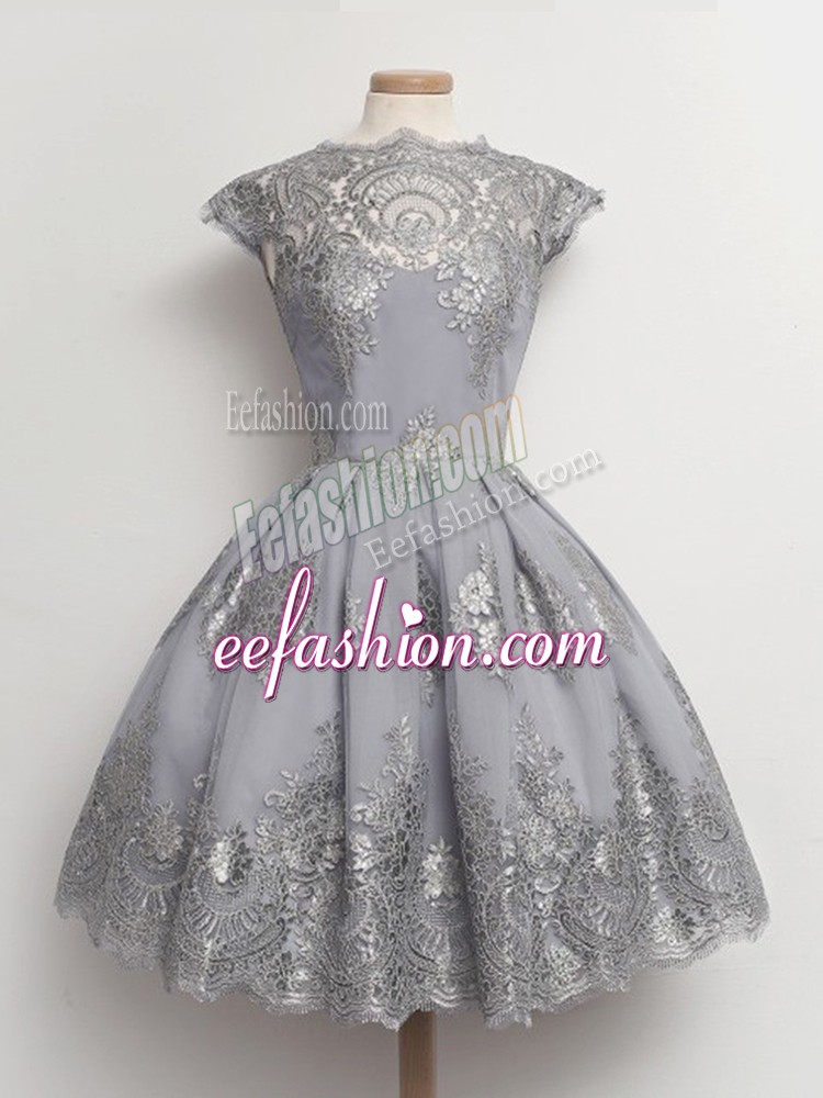 Trendy Cap Sleeves Tea Length Lace Lace Up Quinceanera Court of Honor Dress with Grey