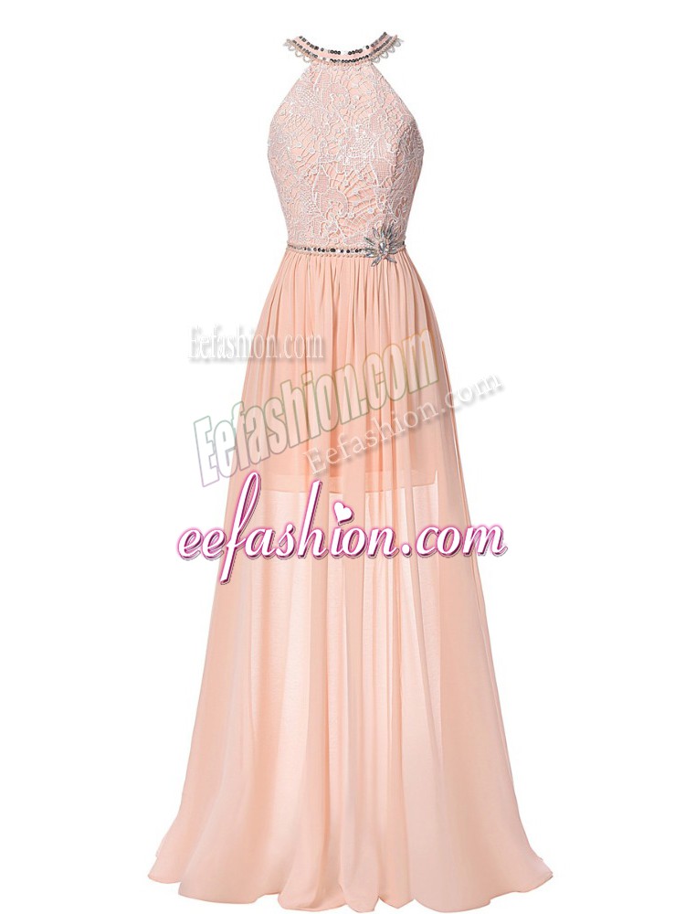 Popular Sleeveless Floor Length Beading Backless Evening Dresses with Peach