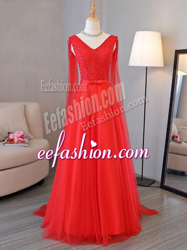 Clearance Red Tulle Lace Up Prom Gown Sleeveless Floor Length Lace and Belt