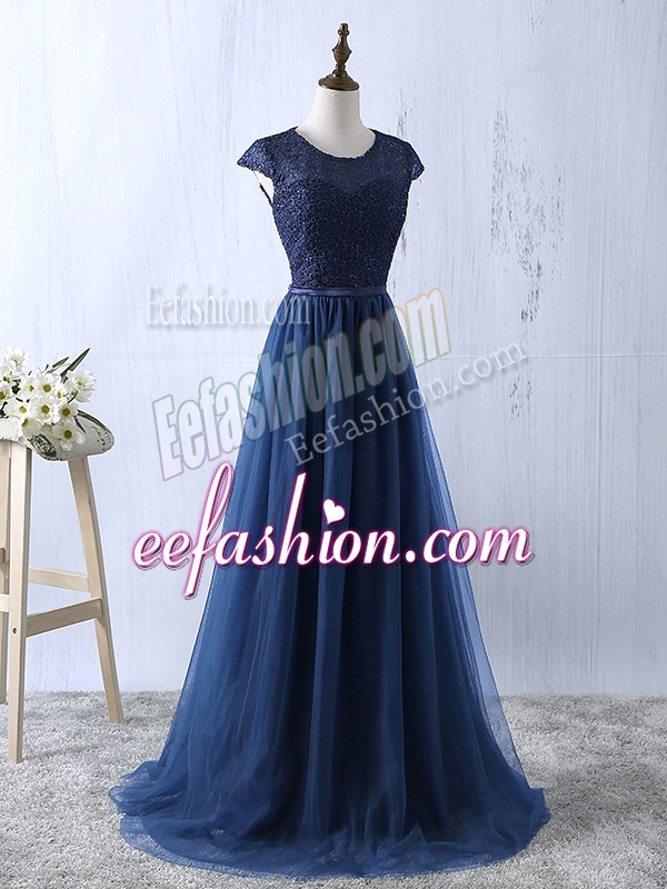  Navy Blue Zipper Homecoming Dress Lace and Appliques Short Sleeves Floor Length