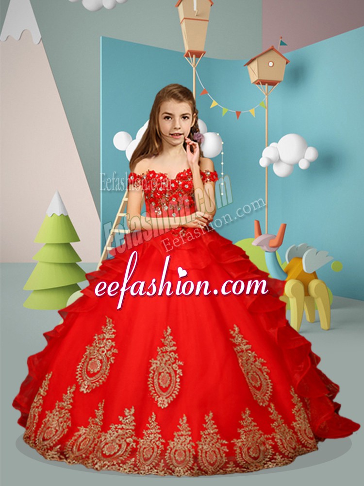 Fancy Red Tulle Lace Up Little Girls Pageant Dress Sleeveless Floor Length Appliques and Embroidery