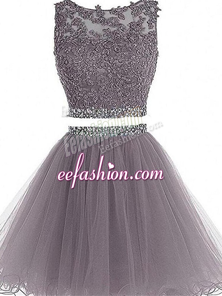 Beauteous Grey Two Pieces Scoop Sleeveless Tulle Mini Length Zipper Beading and Lace and Appliques 