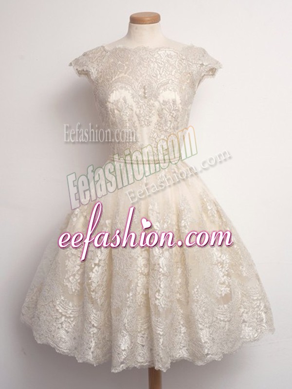 Colorful Champagne Scalloped Lace Up Lace Bridesmaid Gown Cap Sleeves