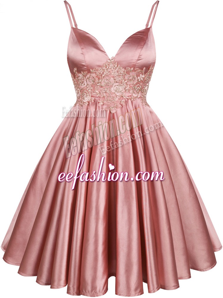  Spaghetti Straps Sleeveless Court Dresses for Sweet 16 Knee Length Lace Pink Elastic Woven Satin