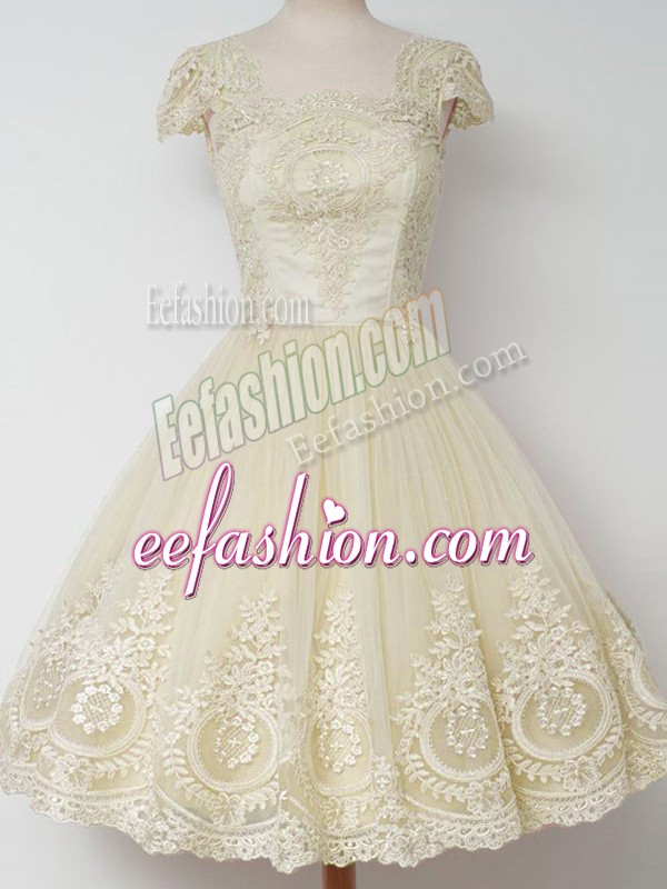  Light Yellow Cap Sleeves Knee Length Lace Zipper Bridesmaid Gown