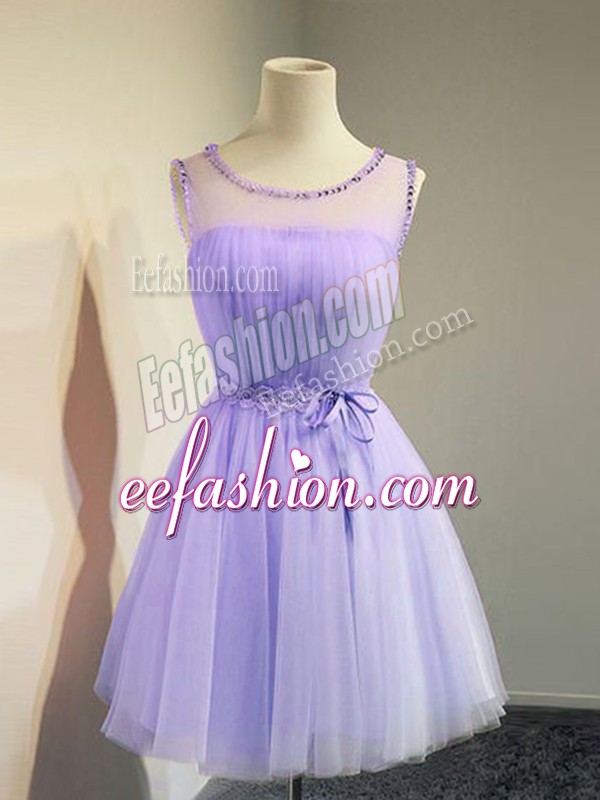 Custom Designed Lavender Wedding Guest Dresses Prom and Party and Wedding Party with Belt Scoop Sleeveless Lace Up
