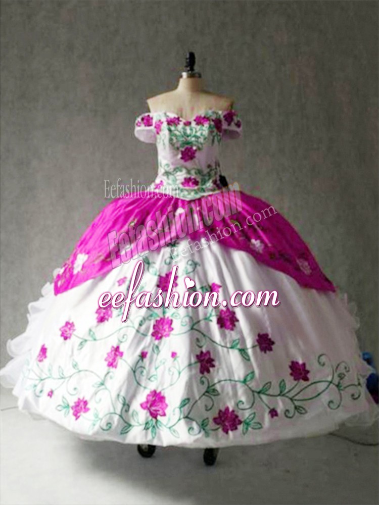 Customized Multi-color Ball Gowns Off The Shoulder Cap Sleeves Organza and Taffeta Floor Length Lace Up Embroidery and Ruffles 15 Quinceanera Dress