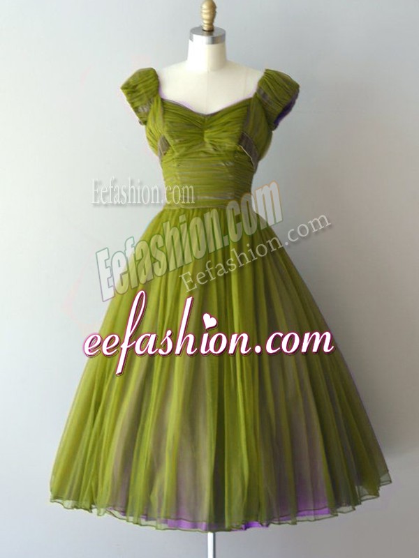  Chiffon V-neck Cap Sleeves Lace Up Ruching Quinceanera Court Dresses in Olive Green