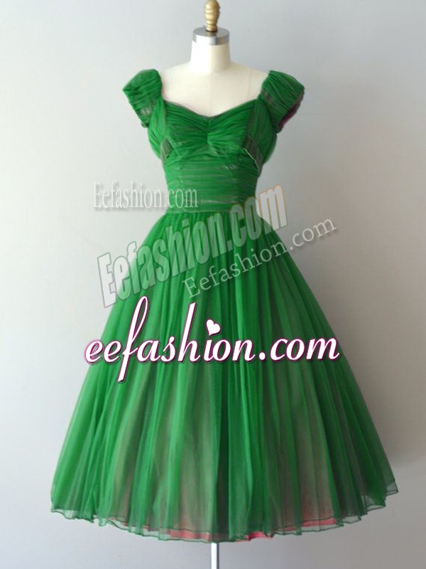 A-line Court Dresses for Sweet 16 V-neck Chiffon Short Sleeves Knee Length Lace Up