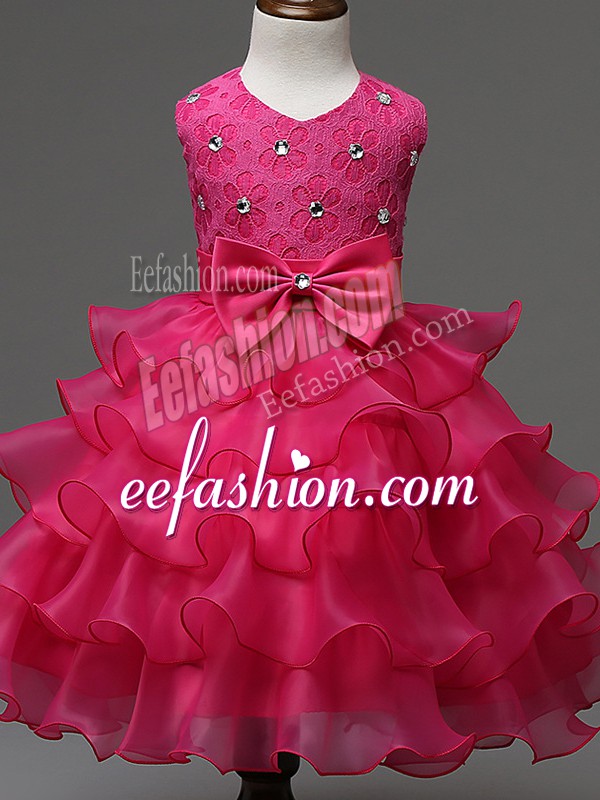 On Sale Hot Pink Sleeveless Knee Length Lace and Ruffled Layers and Bowknot Zipper Little Girls Pageant Dress Wholesale