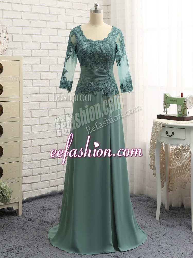 Green Long Sleeves Floor Length Beading and Lace and Appliques Zipper Mother Of The Bride Dress