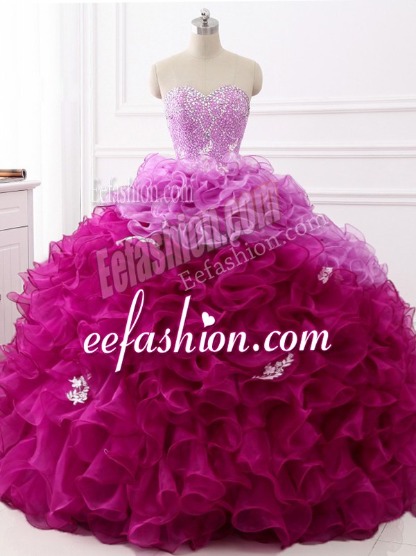 Affordable Sleeveless Organza Brush Train Lace Up 15 Quinceanera Dress in Multi-color with Beading and Appliques and Ruffles