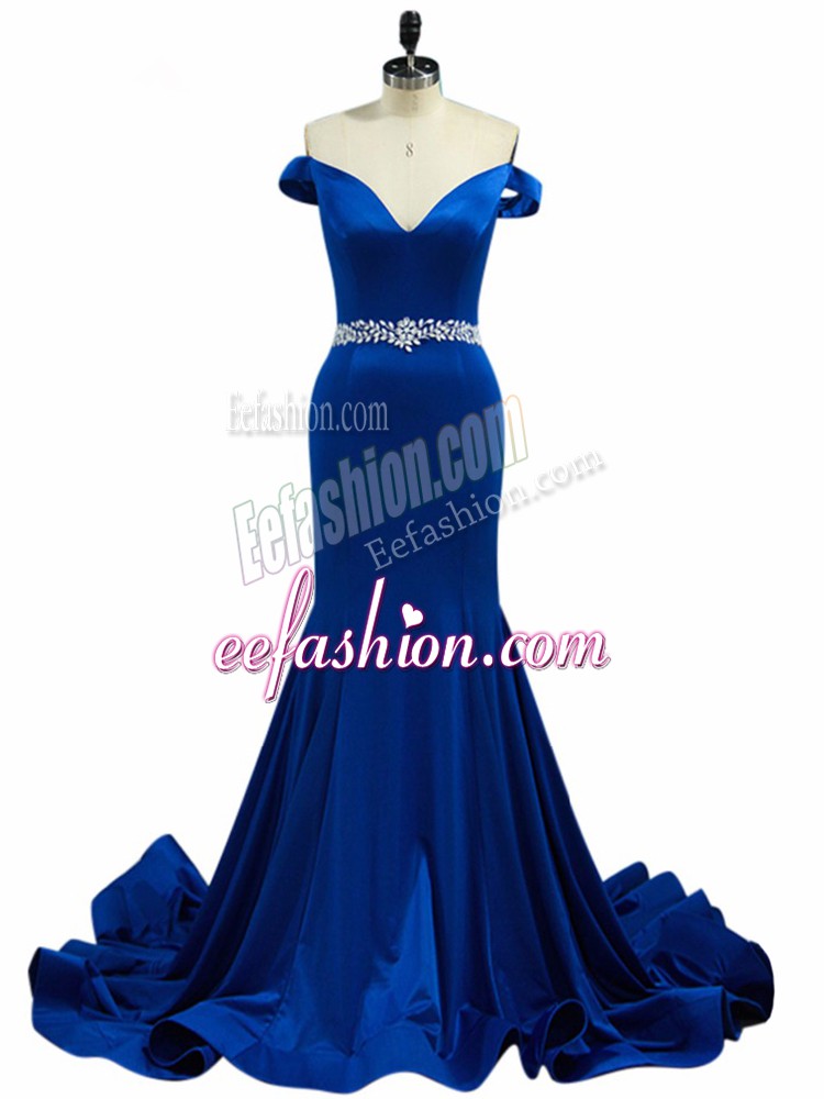  Royal Blue Sleeveless Brush Train Beading Dress for Prom