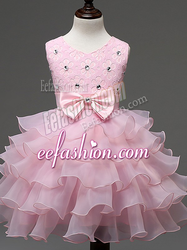 Hot Selling Sleeveless Knee Length Lace and Ruffled Layers and Bowknot Zipper Child Pageant Dress with Baby Pink