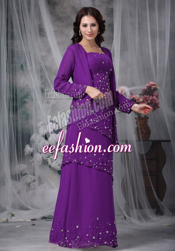 Stunning Floor Length Purple Mother Of The Bride Dress Chiffon Sleeveless Beading