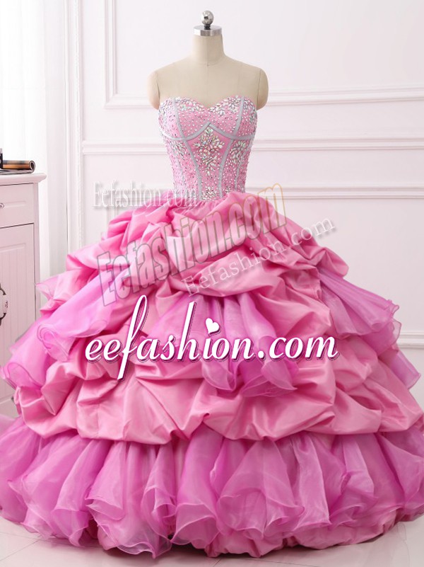 Rose Pink 15th Birthday Dress Military Ball and Sweet 16 and Quinceanera with Beading and Ruffles and Pick Ups Sweetheart Sleeveless Lace Up