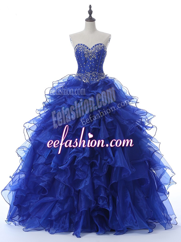 Comfortable Royal Blue Sweetheart Neckline Beading and Ruffles Sweet 16 Dress Sleeveless Lace Up