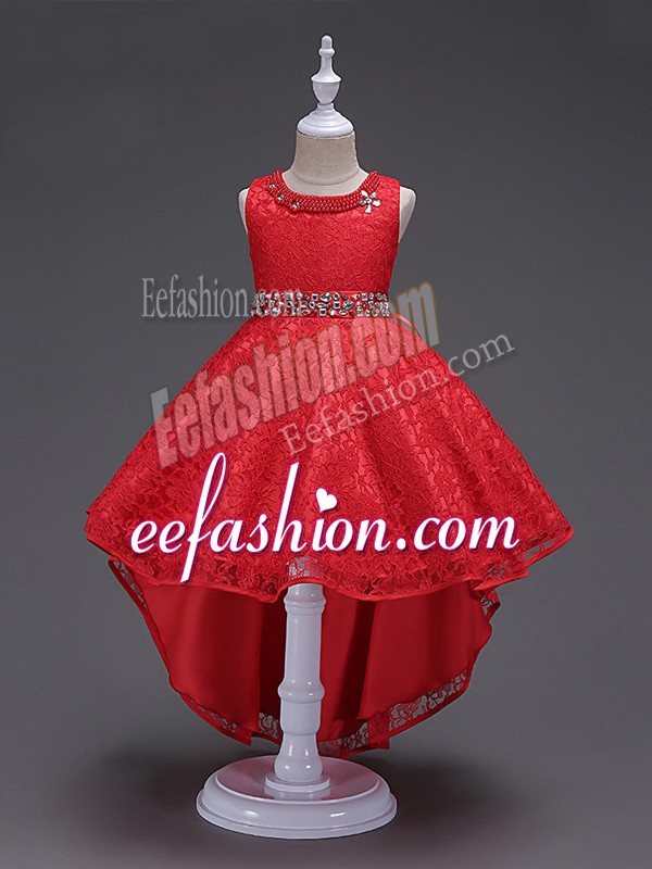 Glittering Red Flower Girl Dresses for Less Wedding Party with Beading Scoop Sleeveless Lace Up
