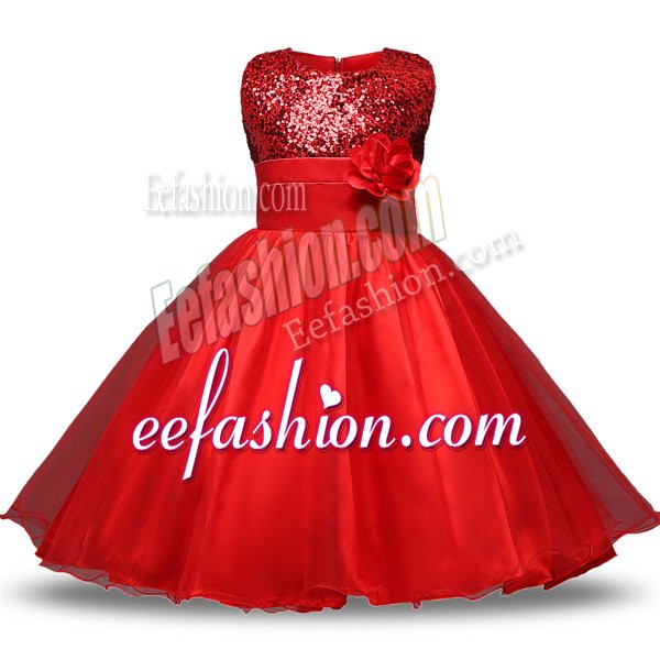  Knee Length Red Flower Girl Dresses Scoop Sleeveless Zipper