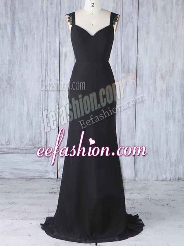  Black Wedding Party Dress Prom and Party and Wedding Party with Appliques Straps Sleeveless Sweep Train Zipper