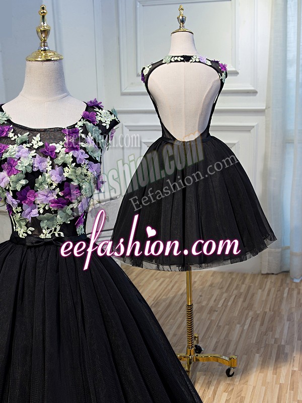 Adorable Black Backless Scoop Hand Made Flower Evening Dress Tulle Sleeveless