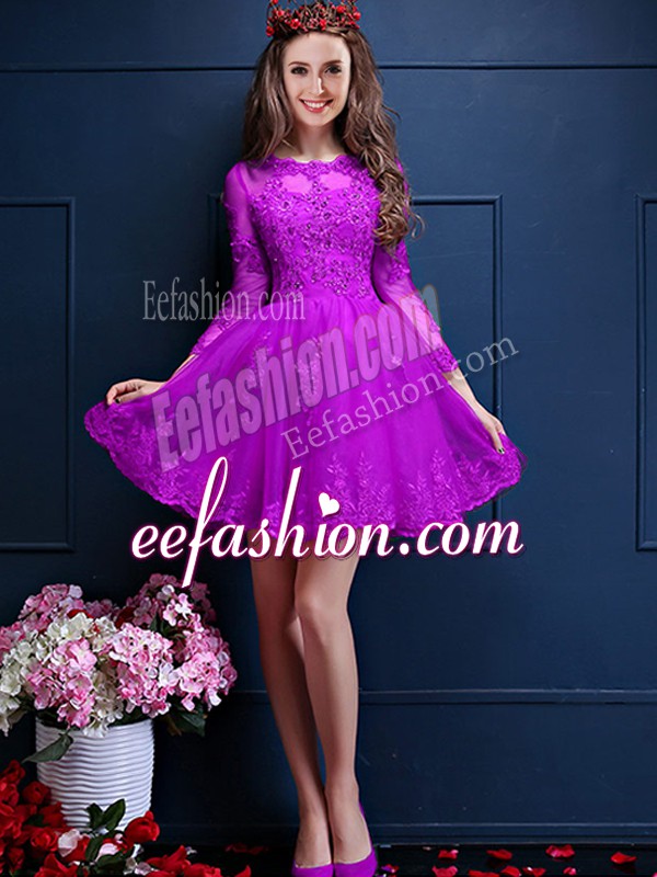  Eggplant Purple Chiffon Lace Up Bridesmaid Dress 3 4 Length Sleeve Mini Length Beading and Lace and Appliques
