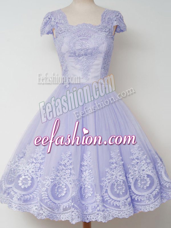 Simple Knee Length Lavender Bridesmaid Dress Tulle Cap Sleeves Lace