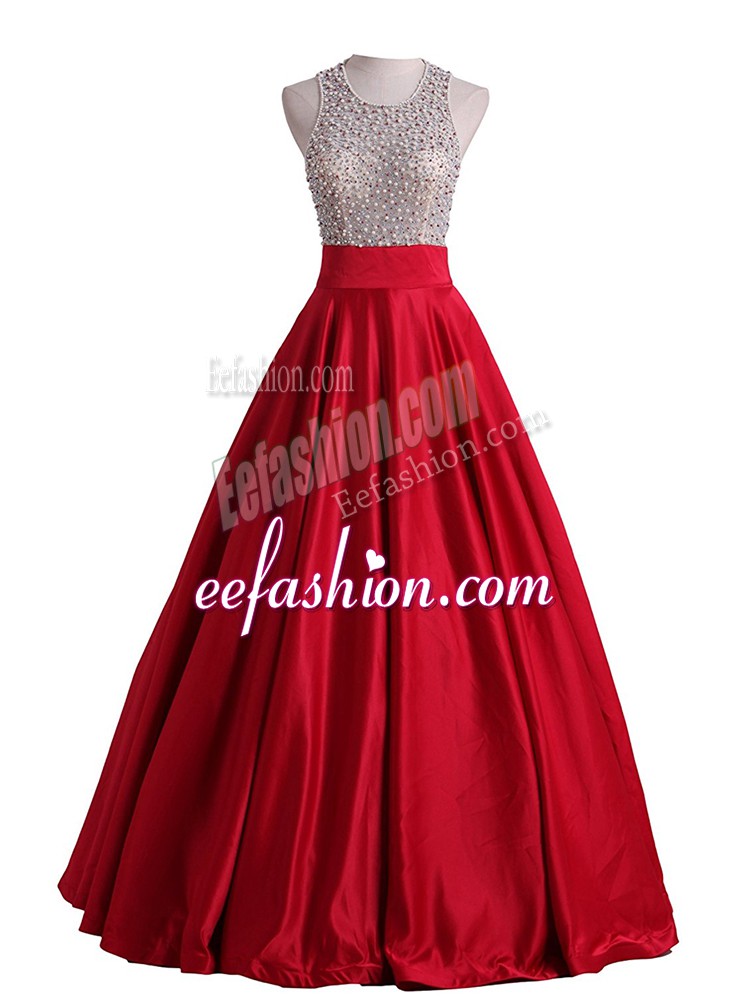  Sleeveless Floor Length Beading Backless Military Ball Gowns with Red