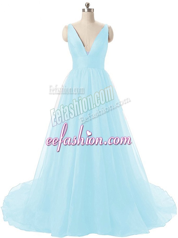  Aqua Blue V-neck Backless Ruching Prom Gown Brush Train Sleeveless