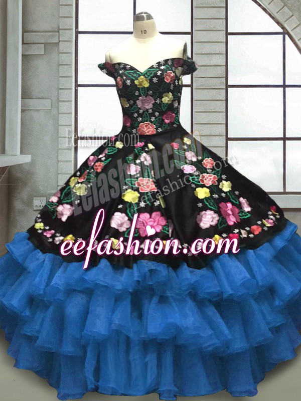  Organza and Taffeta Sweetheart Sleeveless Lace Up Embroidery and Ruffled Layers Sweet 16 Quinceanera Dress in Blue And Black 