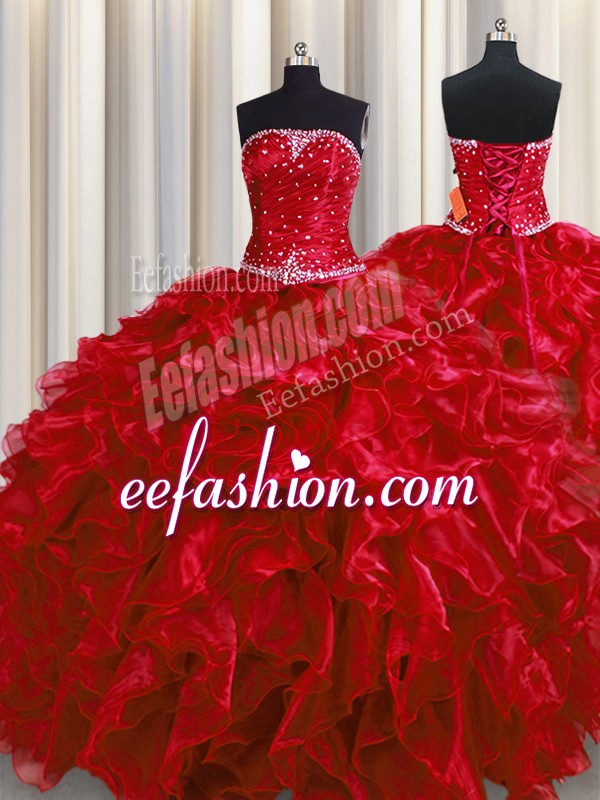  Wine Red Sleeveless Beading and Ruffles Floor Length Quinceanera Gown