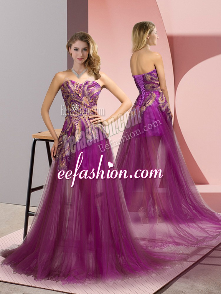  Tulle Sweetheart Sleeveless Brush Train Zipper Appliques Prom Party Dress in Purple