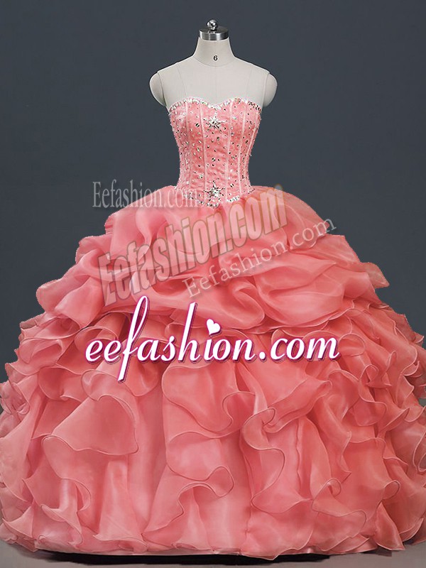  Ball Gowns Quinceanera Gowns Watermelon Red Sweetheart Organza Sleeveless Floor Length Lace Up