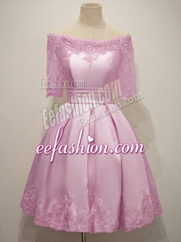  Knee Length Lilac Wedding Party Dress Off The Shoulder Half Sleeves Lace Up