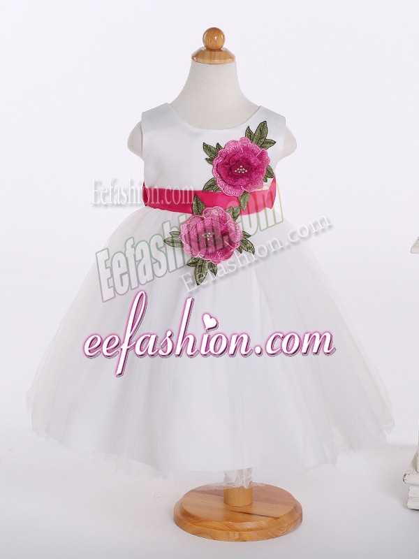 White A-line Tulle Scoop Sleeveless Bowknot and Hand Made Flower Knee Length Zipper Kids Formal Wear