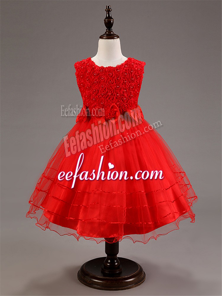 Elegant Red Zipper Scoop Ruffled Layers and Hand Made Flower Girls Pageant Dresses Tulle Sleeveless