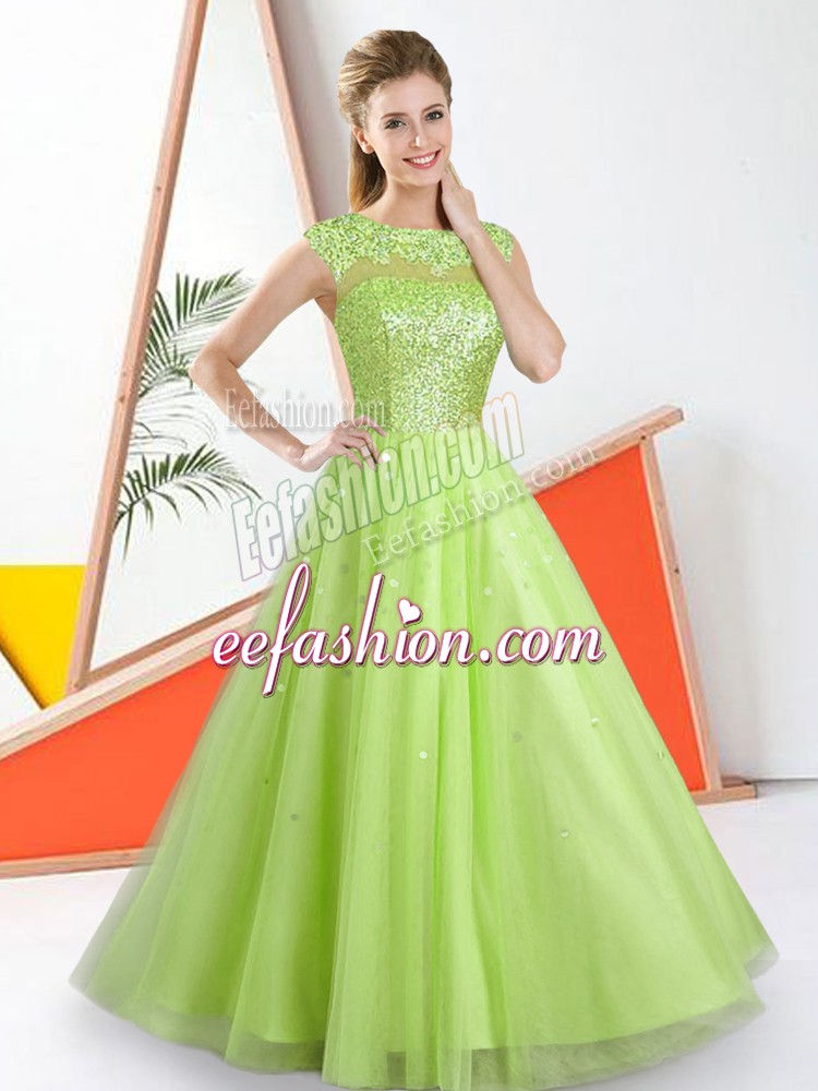  Tulle Sleeveless Floor Length Quinceanera Dama Dress and Beading and Lace
