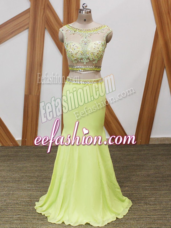  Yellow Green Chiffon Zipper Homecoming Dress Sleeveless Floor Length Beading and Lace and Appliques
