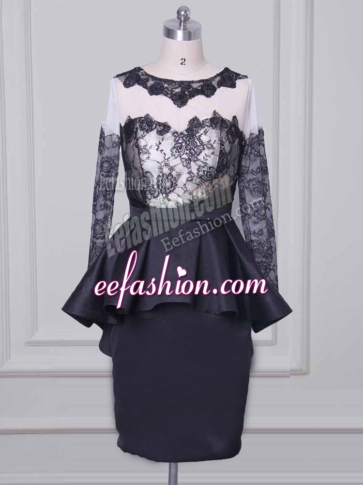  Lace and Appliques Mother Of The Bride Dress Black Zipper Long Sleeves Mini Length