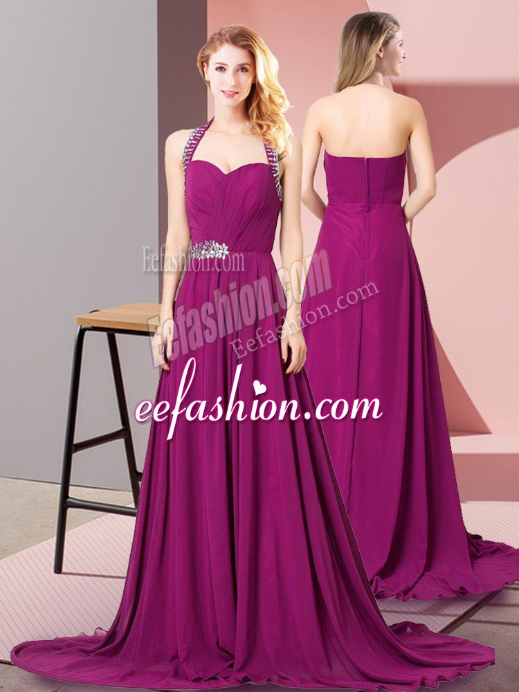 Delicate Fuchsia Prom Dresses Prom and Party and Military Ball with Beading and Ruching Halter Top Sleeveless Brush Train Zipper