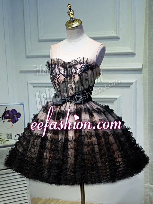 Most Popular Black A-line Sweetheart Sleeveless Tulle Mini Length Backless Ruffled Layers and Belt Prom Dresses