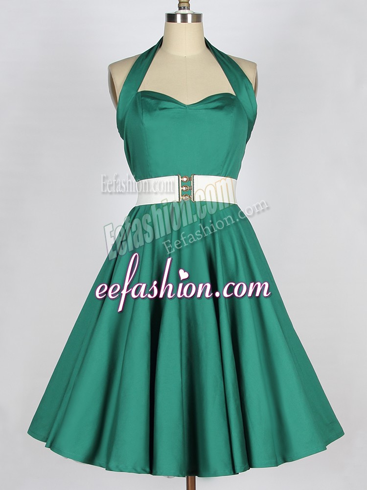 Romantic Taffeta Halter Top Sleeveless Lace Up Belt Bridesmaids Dress in Dark Green