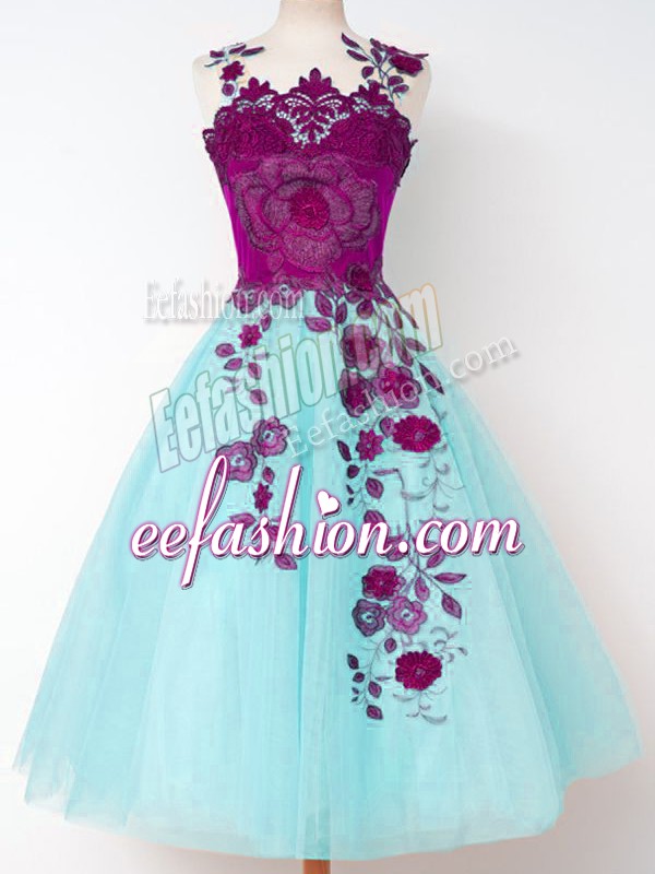  Aqua Blue Bridesmaid Gown Prom and Party and Wedding Party with Appliques Straps Sleeveless Lace Up