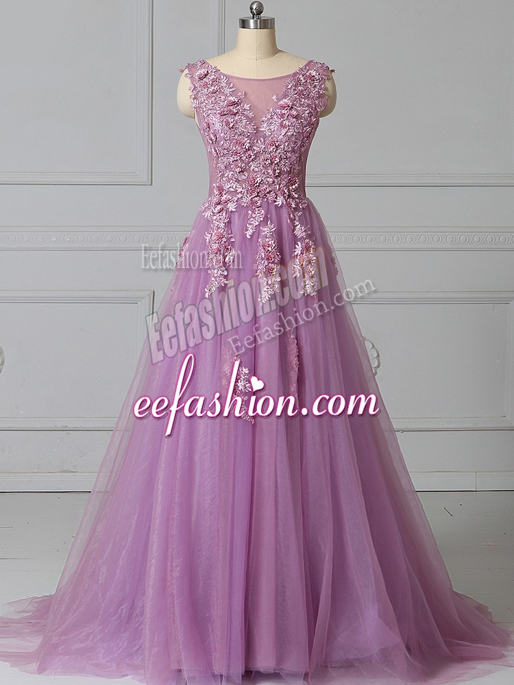 Pretty Lilac Scoop Lace Up Appliques and Pattern Prom Party Dress Brush Train Sleeveless