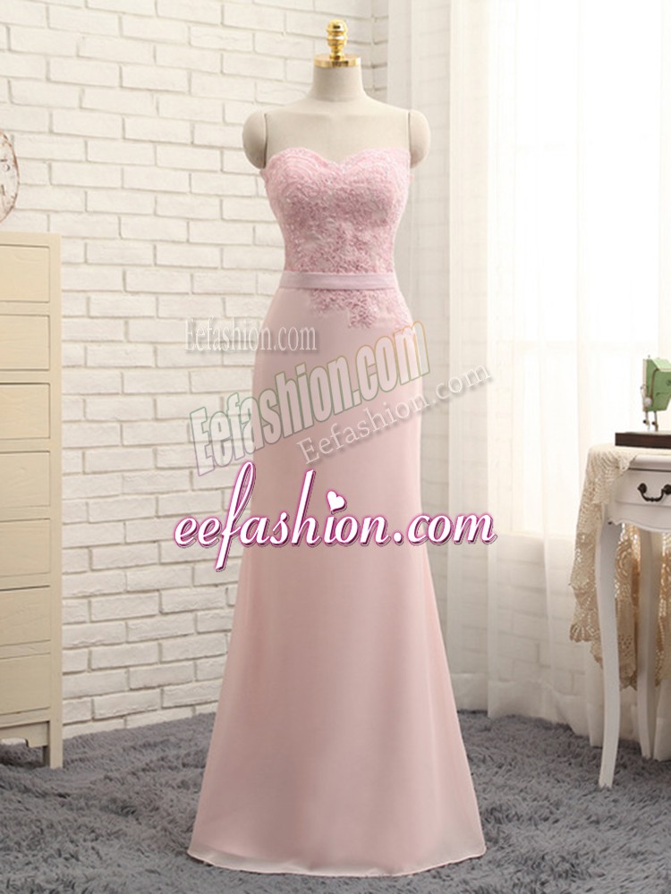  Baby Pink Zipper Bridesmaid Gown Lace Sleeveless Floor Length