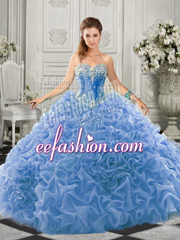  Light Blue Sleeveless Organza Court Train Lace Up Quinceanera Gown for Military Ball and Sweet 16 and Quinceanera