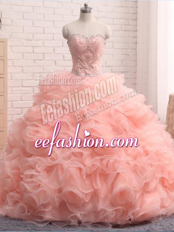 Pink Zipper Vestidos de Quinceanera Beading and Ruffles Sleeveless Floor Length
